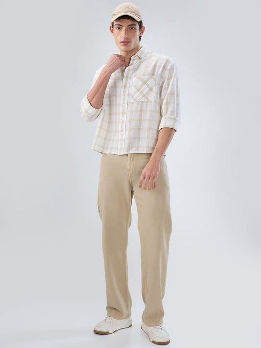 Warm Beige Checks Fine-Weave Boxy Fit Crop Shirt