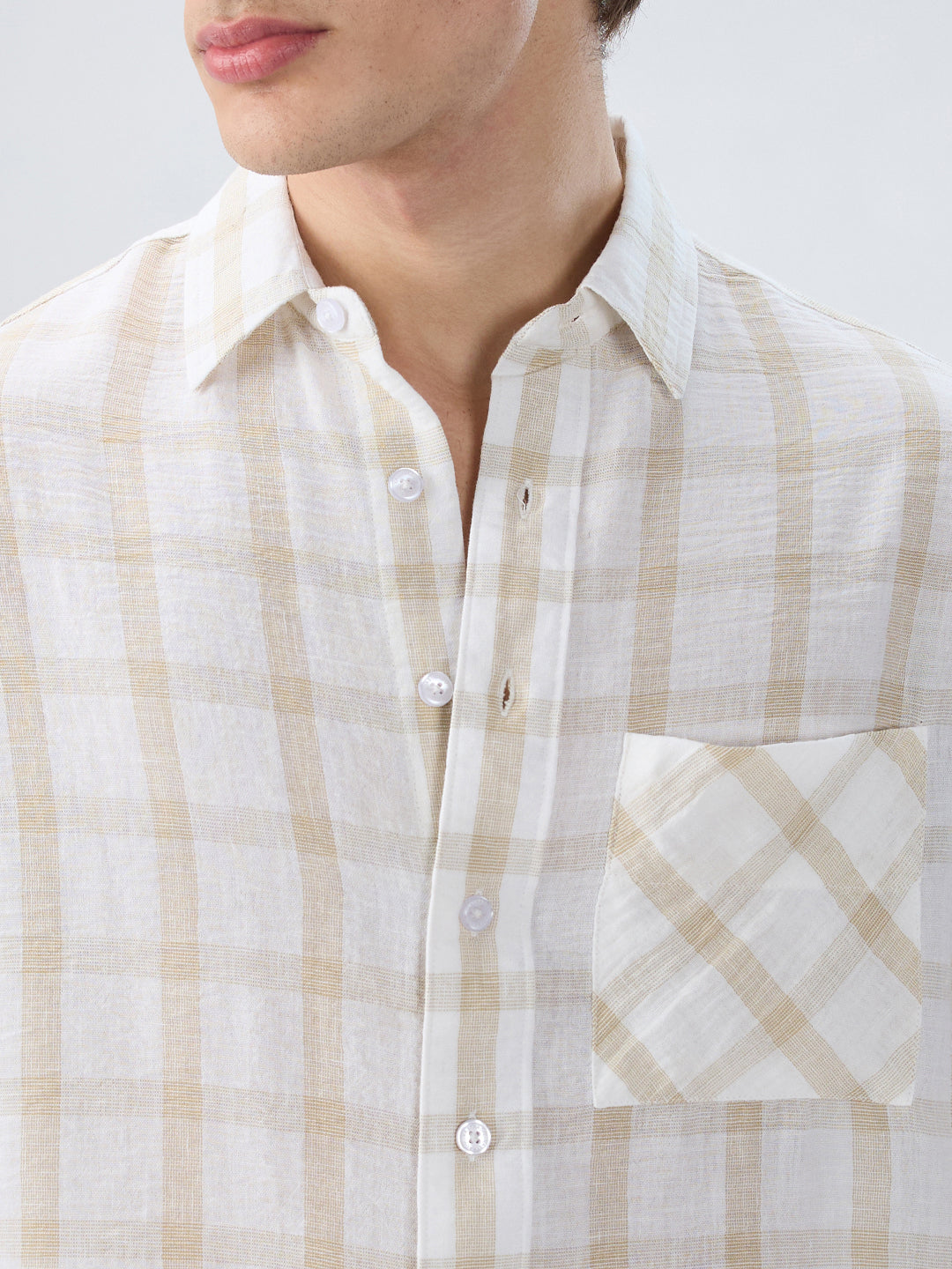 Warm Beige Checks Fine-Weave Boxy Fit Crop Shirt