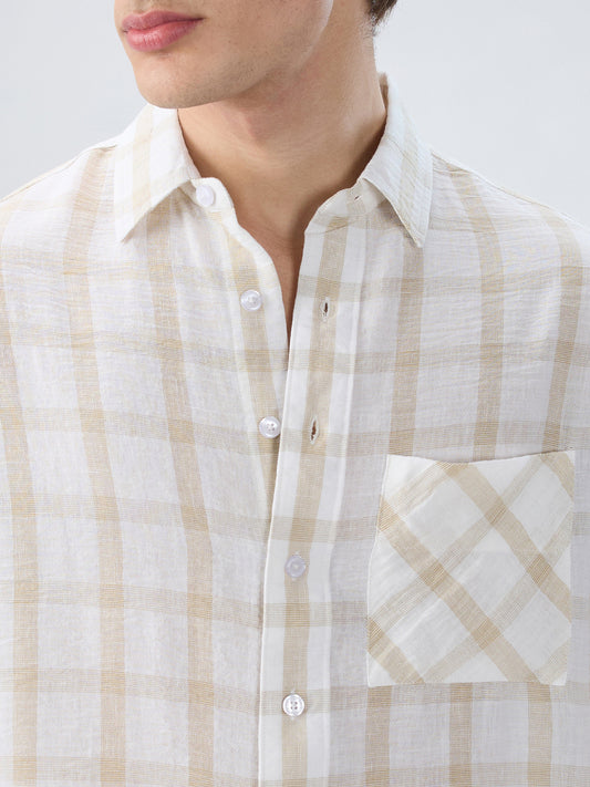Warm Beige Checks Fine-Weave Boxy Fit Crop Shirt
