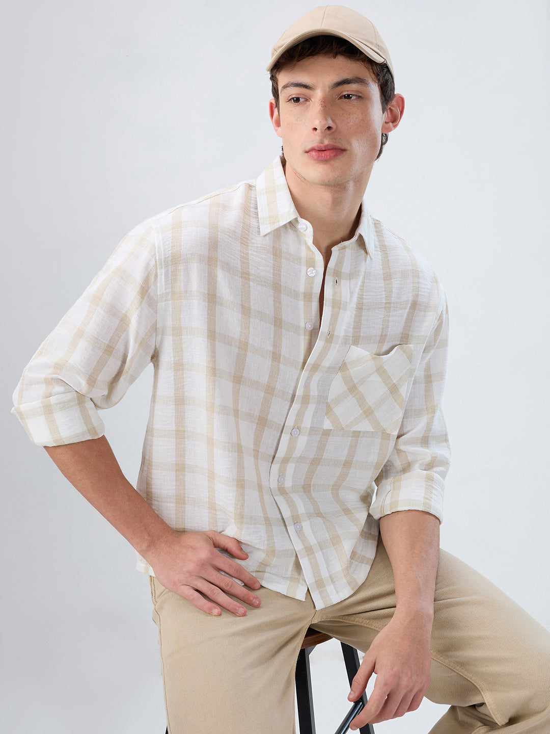 Warm Beige Checks Fine-Weave Boxy Fit Crop Shirt