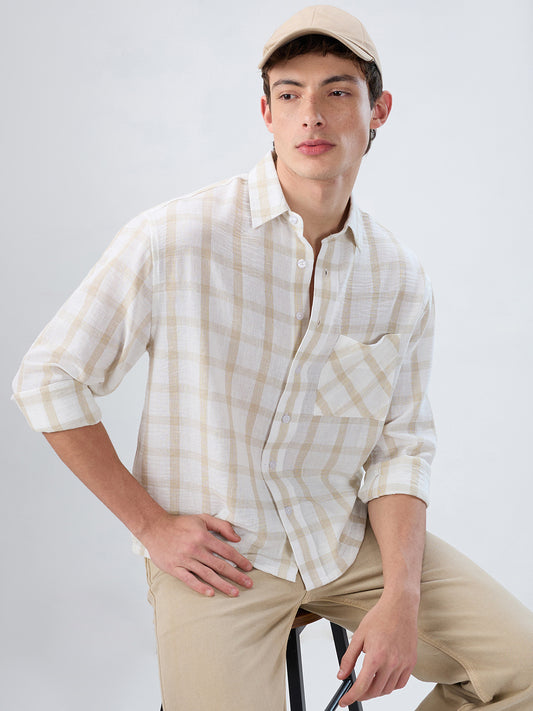 Warm Beige Checks Fine-Weave Boxy Fit Crop Shirt