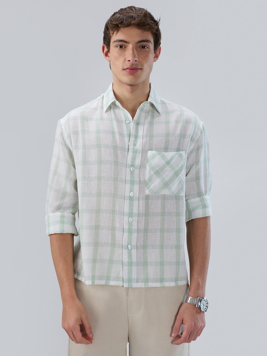 Minted Sage Green Box Checks Boxy Fit Crop Shirt