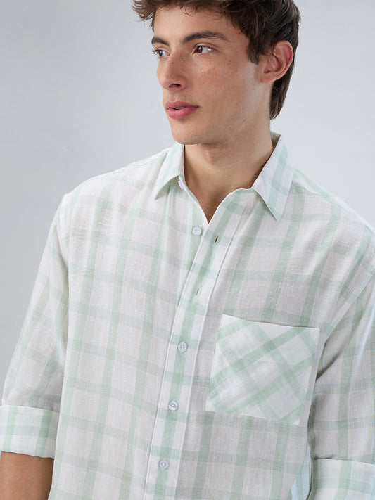 Minted Sage Green Box Checks Boxy Fit Crop Shirt