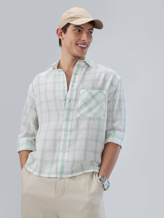 Minted Sage Green Box Checks Boxy Fit Crop Shirt