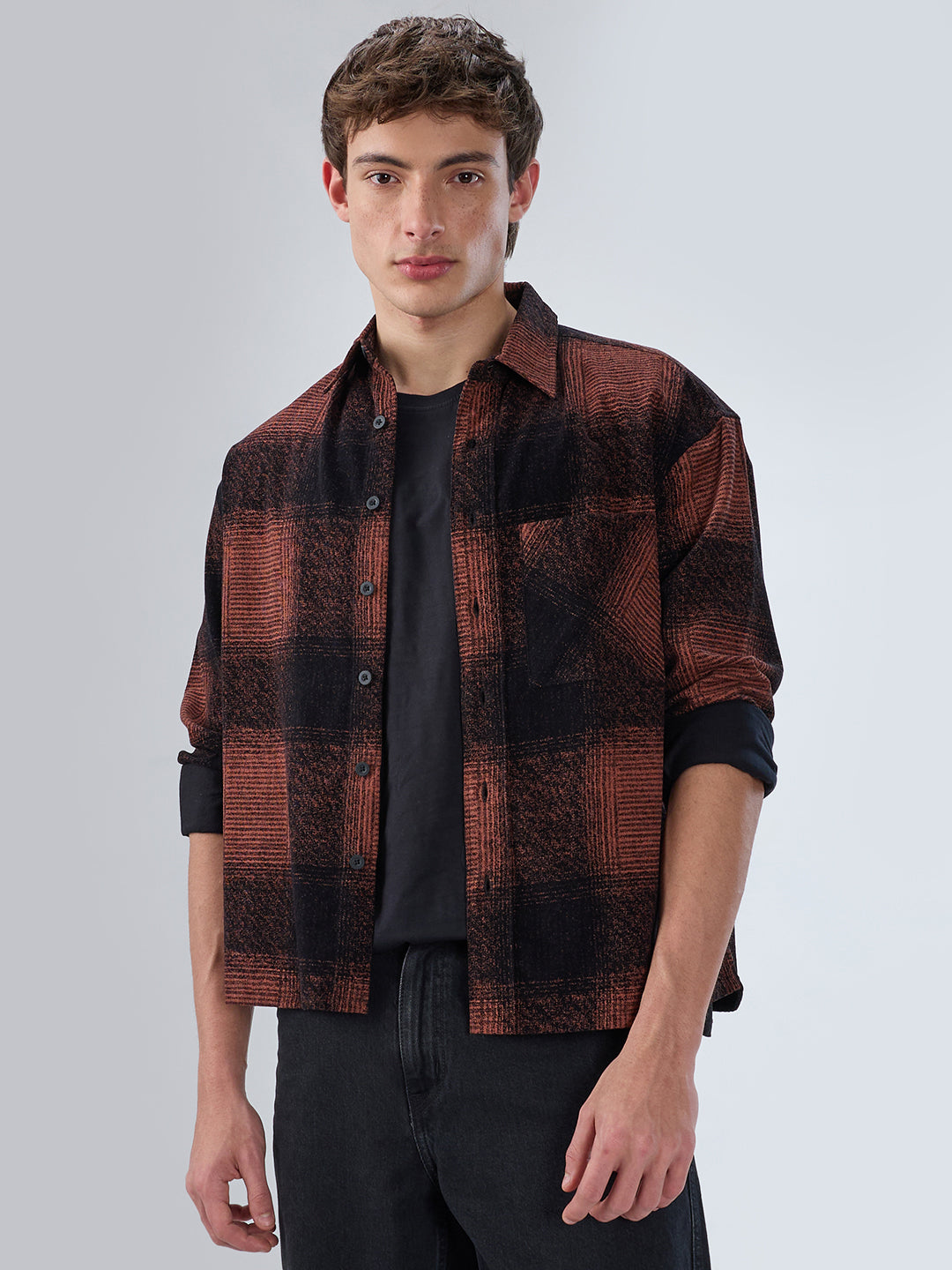 Peach & Black Static Brushed Corduroy Boxy Fit Crop Overshirt