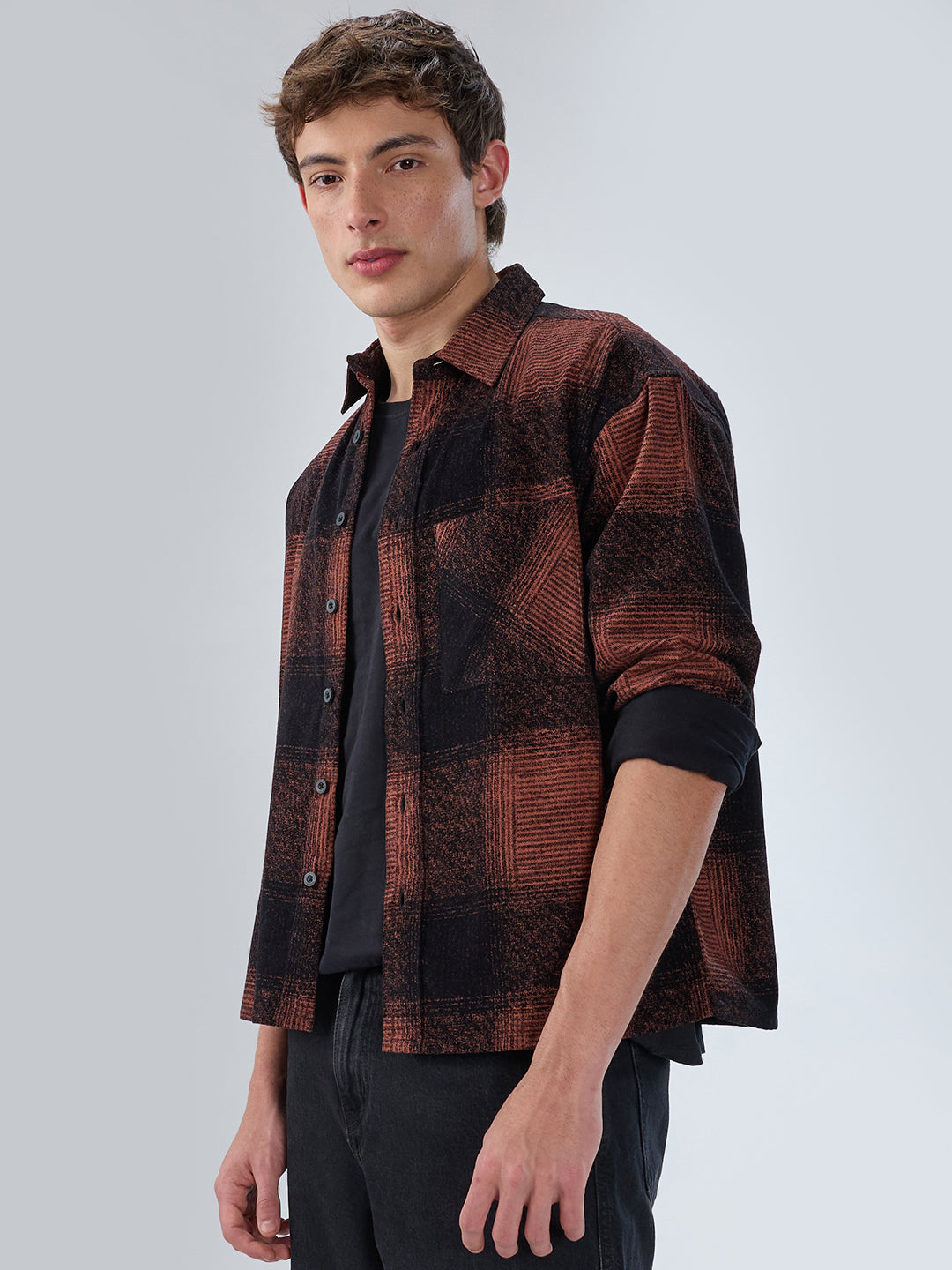 Peach & Black Static Brushed Corduroy Boxy Fit Crop Overshirt