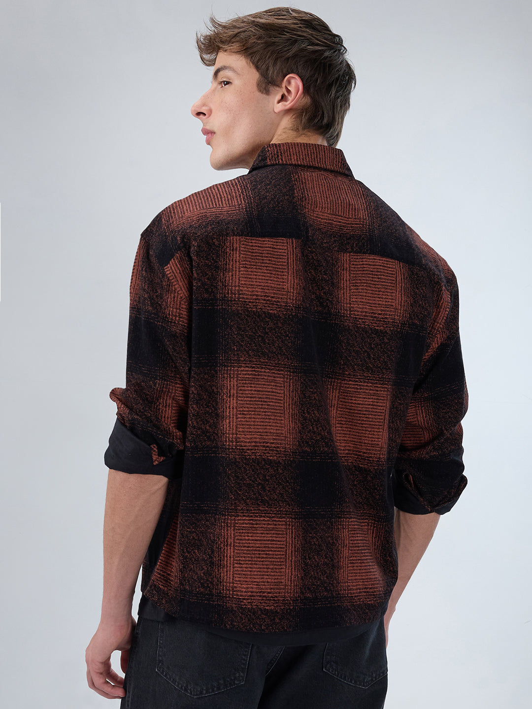Peach & Black Static Brushed Corduroy Boxy Fit Crop Overshirt