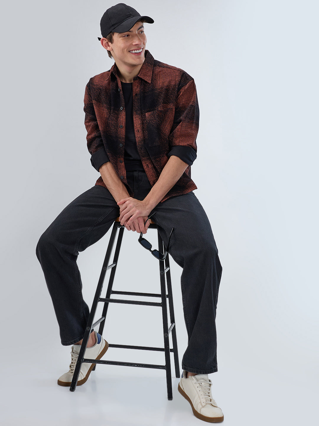 Peach & Black Static Brushed Corduroy Boxy Fit Crop Overshirt