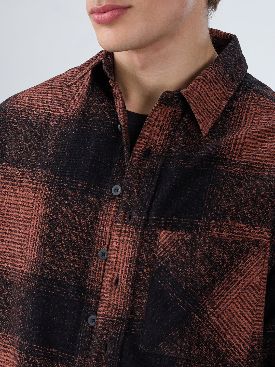 Peach & Black Static Brushed Corduroy Boxy Fit Crop Overshirt