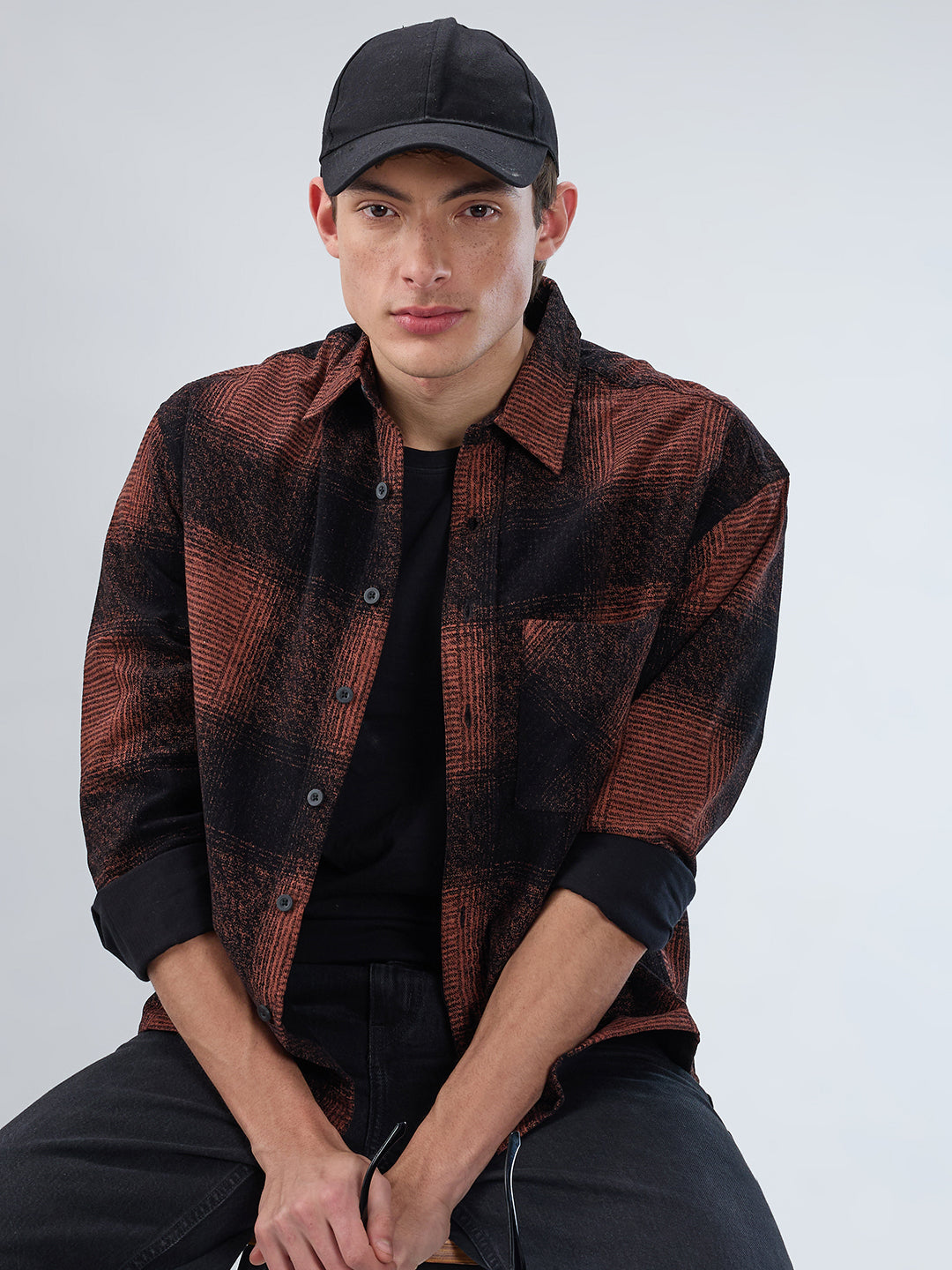 Peach & Black Static Brushed Corduroy Boxy Fit Crop Overshirt