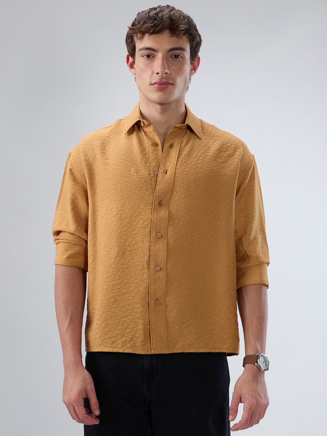 Warm Mustard Sun-Cured Lightweight Textured Boxy Fit  Crop Shirt