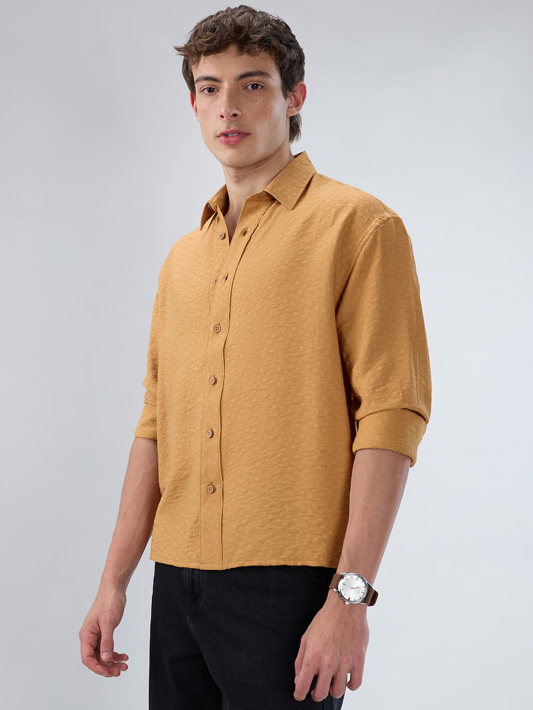 Warm Mustard Sun-Cured Lightweight Textured Boxy Fit  Crop Shirt