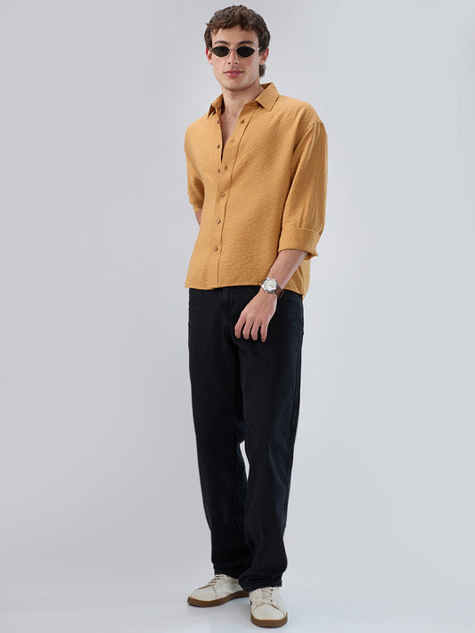 Warm Mustard Sun-Cured Lightweight Textured Boxy Fit  Crop Shirt
