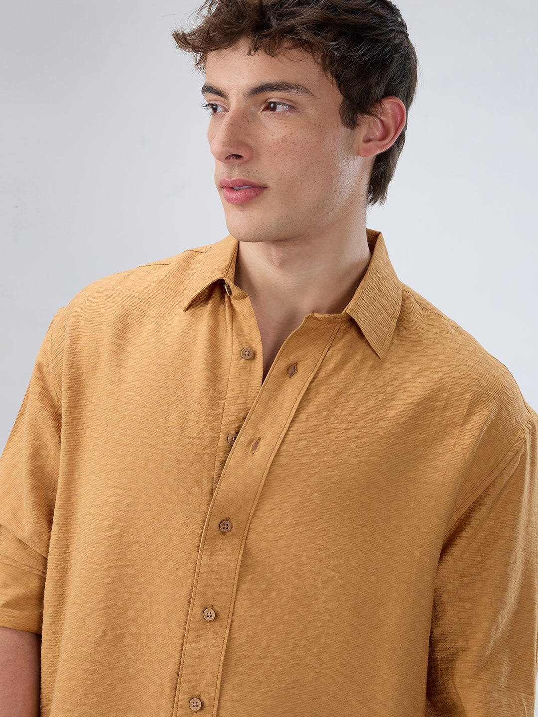 Warm Mustard Sun-Cured Lightweight Textured Boxy Fit  Crop Shirt