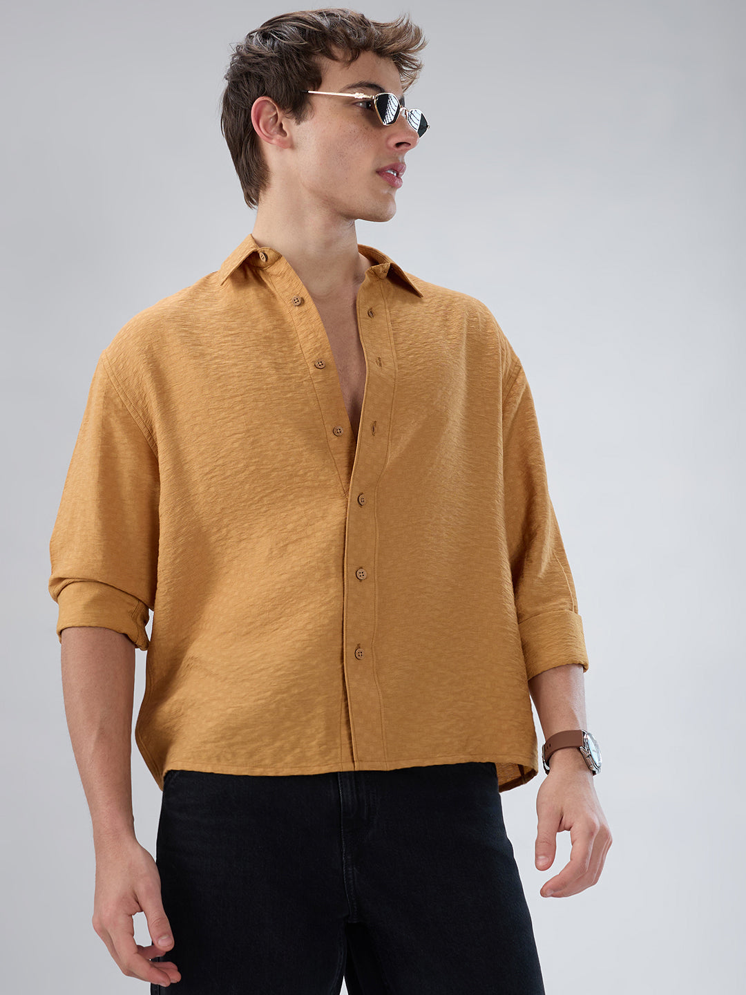 Warm Mustard Sun-Cured Lightweight Textured Boxy Fit  Crop Shirt