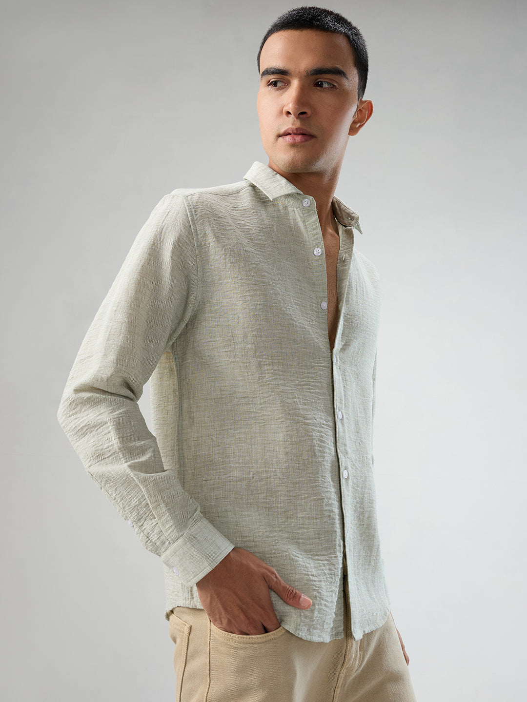 Moss Green Crinkled Textured Shirt