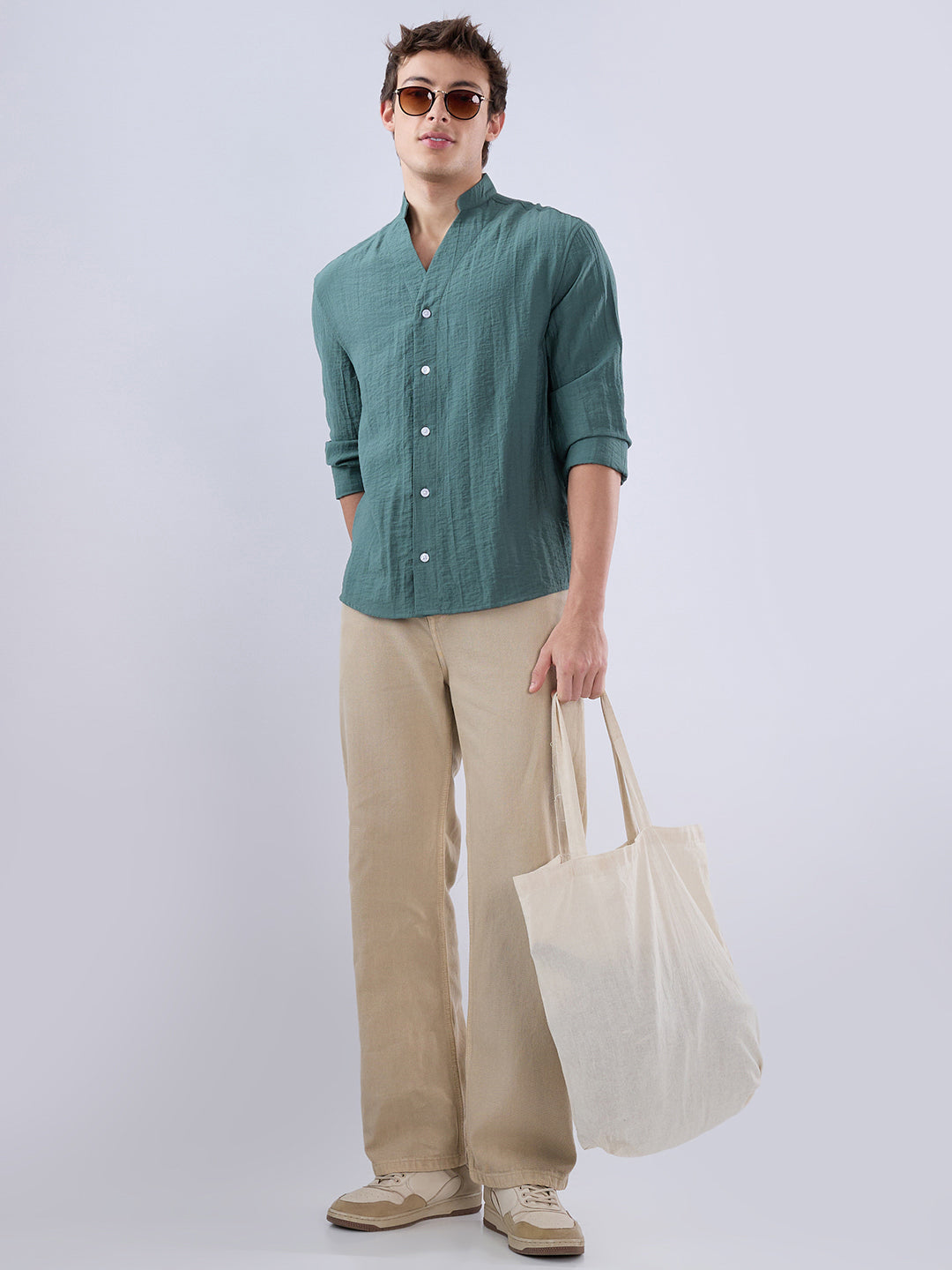 Sage Green Stand Collar Oversized Shirt