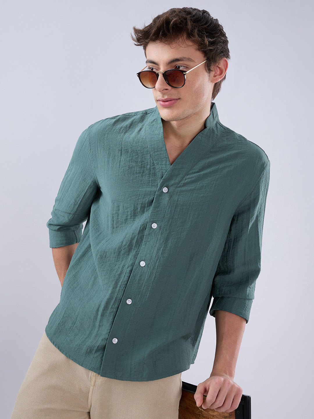 Sage Green Stand Collar Oversized Shirt
