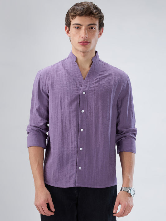Chinese Violet Crinkled Stand Collar Oversized Shirt