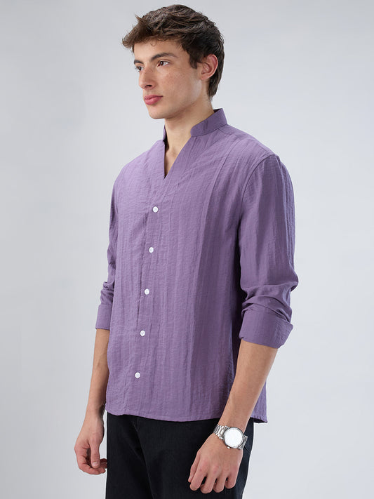 Chinese Violet Crinkled Stand Collar Oversized Shirt