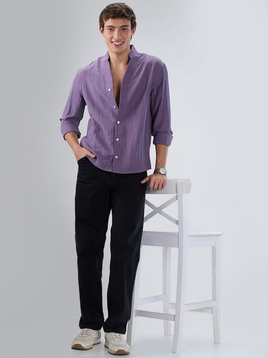 Chinese Violet Crinkled Stand Collar Oversized Shirt