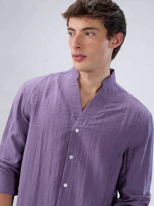 Chinese Violet Crinkled Stand Collar Oversized Shirt