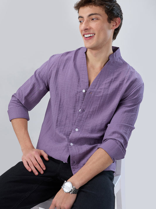 Chinese Violet Crinkled Stand Collar Oversized Shirt