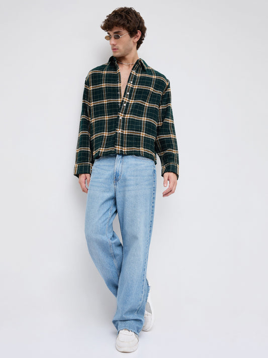 Forest Green Tartan Checked Boxy Fit Crop Flannel Shirt