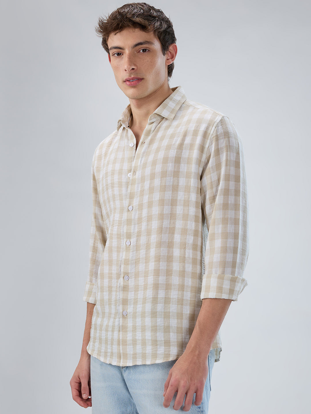 Soft Beige Gingham Checks Shirt