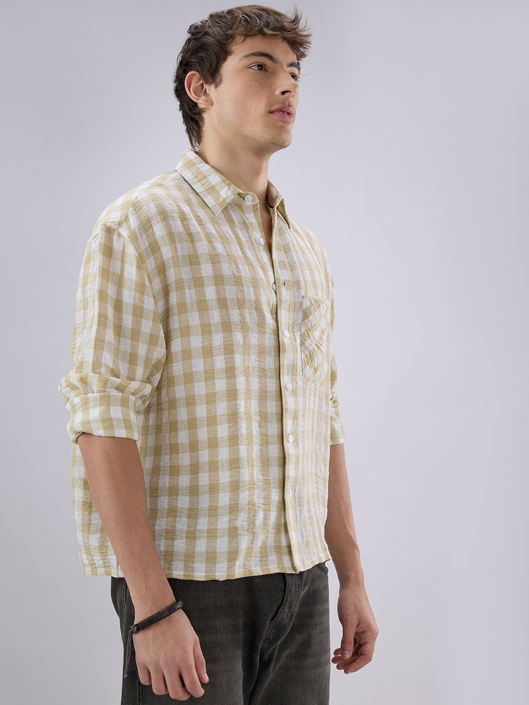 Soft Olive Gingham Checks Crinkled Boxy Fit Crop Shirt