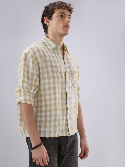 Soft Olive Gingham Checks Crinkled Boxy Fit Crop Shirt