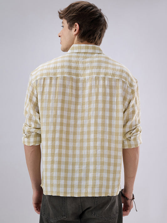 Soft Olive Gingham Checks Crinkled Boxy Fit Crop Shirt