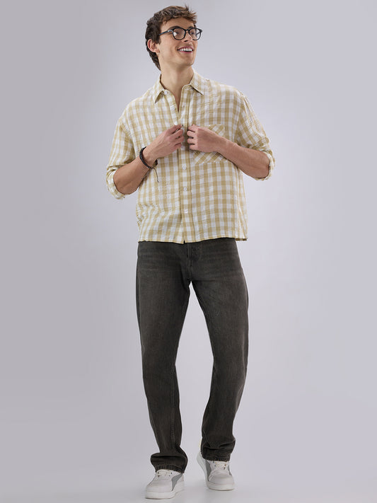 Soft Olive Gingham Checks Crinkled Boxy Fit Crop Shirt
