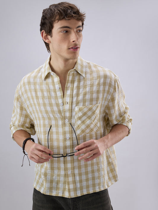 Soft Olive Gingham Checks Crinkled Boxy Fit Crop Shirt
