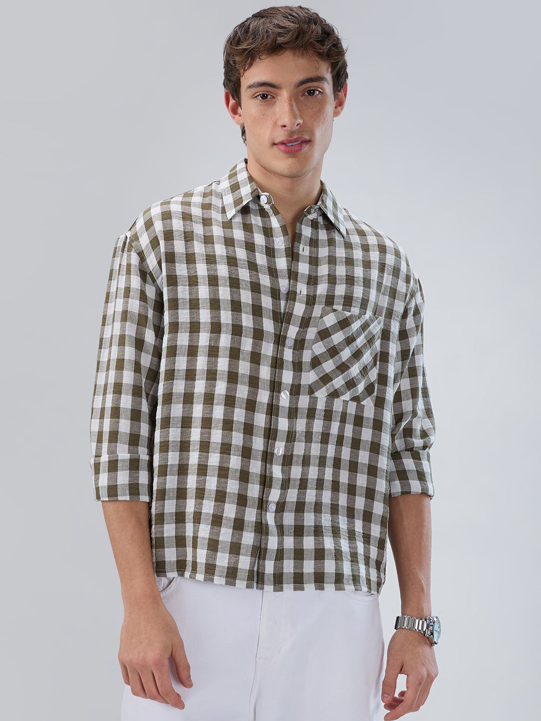 Olive Gingham Checks Crinkled Boxy Fit Crop Shirt