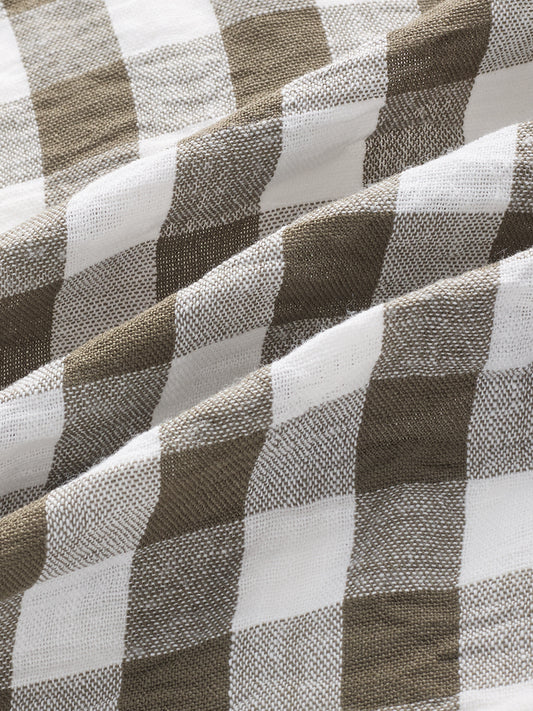 Olive Gingham Checks Crinkled Boxy Fit Crop Shirt