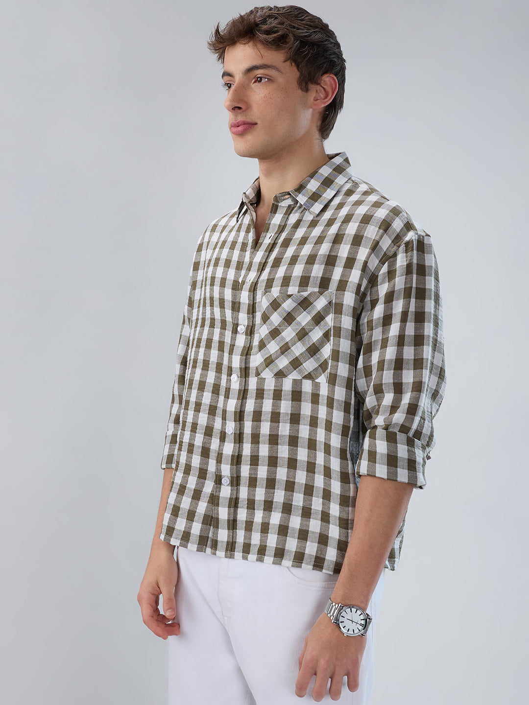 Olive Gingham Checks Crinkled Boxy Fit Crop Shirt