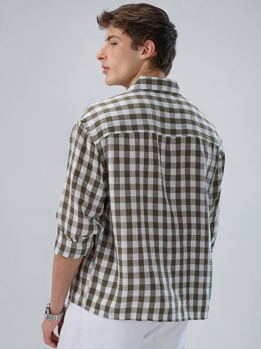Olive Gingham Checks Crinkled Boxy Fit Crop Shirt