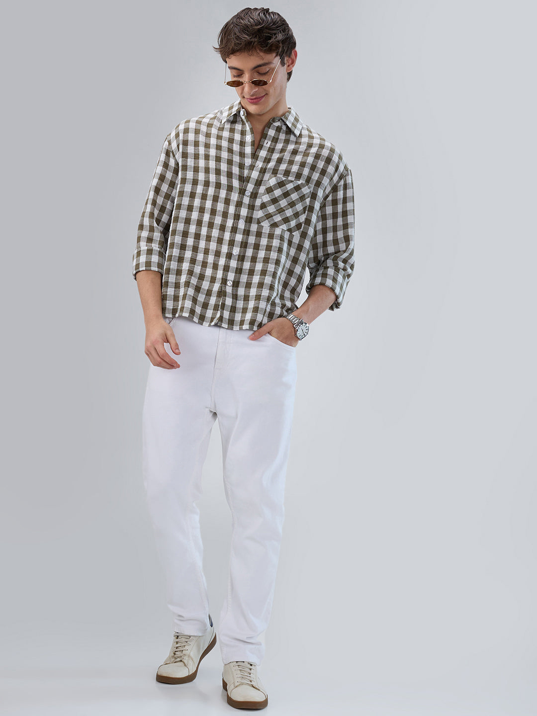 Olive Gingham Checks Crinkled Boxy Fit Crop Shirt