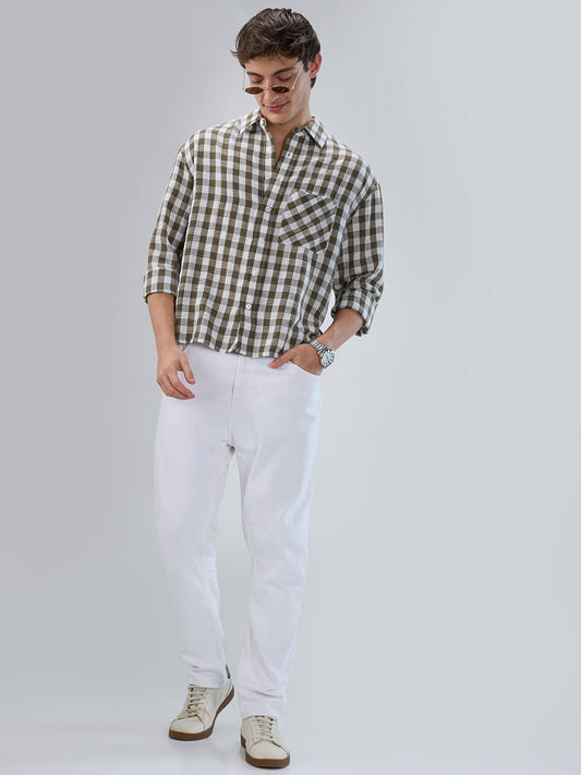 Olive Gingham Checks Crinkled Boxy Fit Crop Shirt