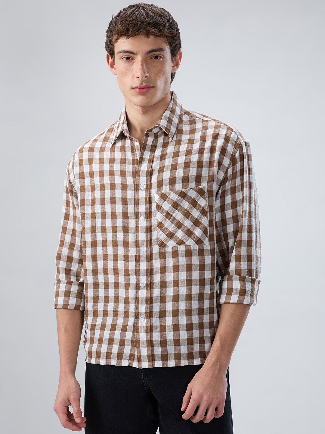 Cocoa Brown & White Ghingam Checks Boxy Fit Crop Shirt