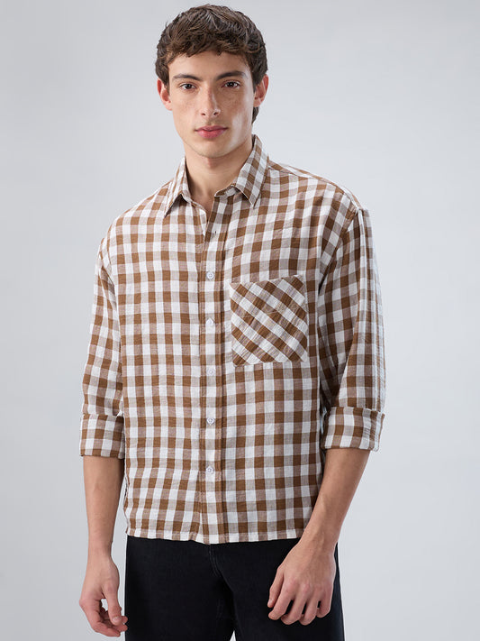 Cocoa Brown & White Ghingam Checks Boxy Fit Crop Shirt