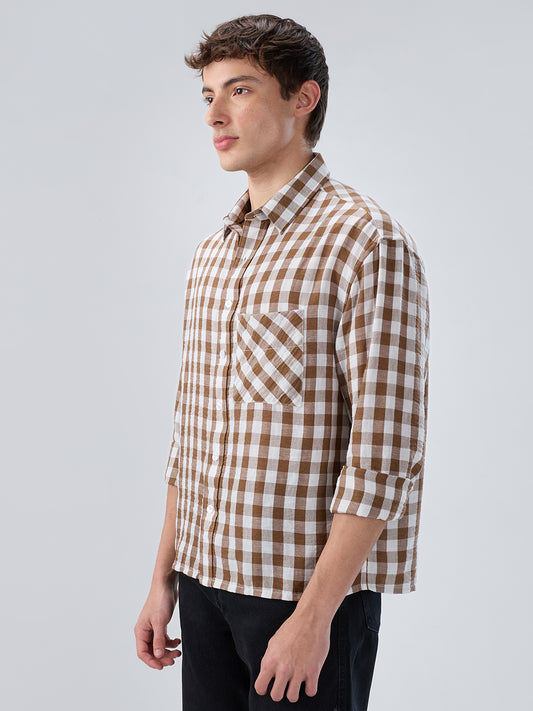 Cocoa Brown & White Ghingam Checks Boxy Fit Crop Shirt