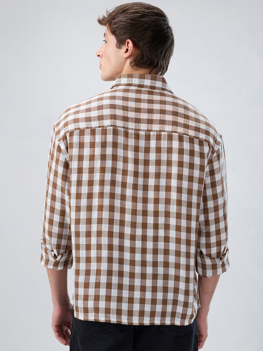Cocoa Brown & White Ghingam Checks Boxy Fit Crop Shirt