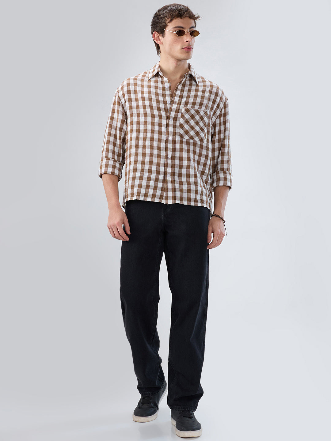 Cocoa Brown & White Ghingam Checks Boxy Fit Crop Shirt