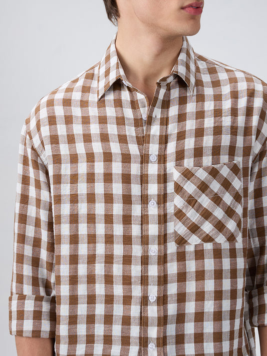 Cocoa Brown & White Ghingam Checks Boxy Fit Crop Shirt