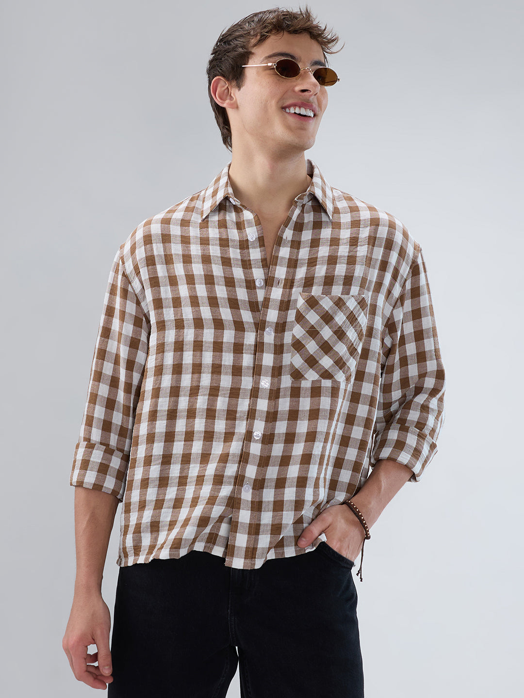 Cocoa Brown & White Ghingam Checks Boxy Fit Crop Shirt