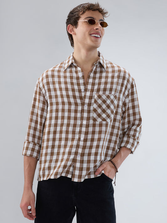 Cocoa Brown & White Ghingam Checks Boxy Fit Crop Shirt