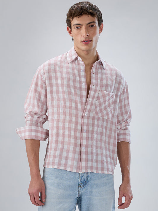 Peachy Pink Gingham Checks Boxy Fit Crop Shirt
