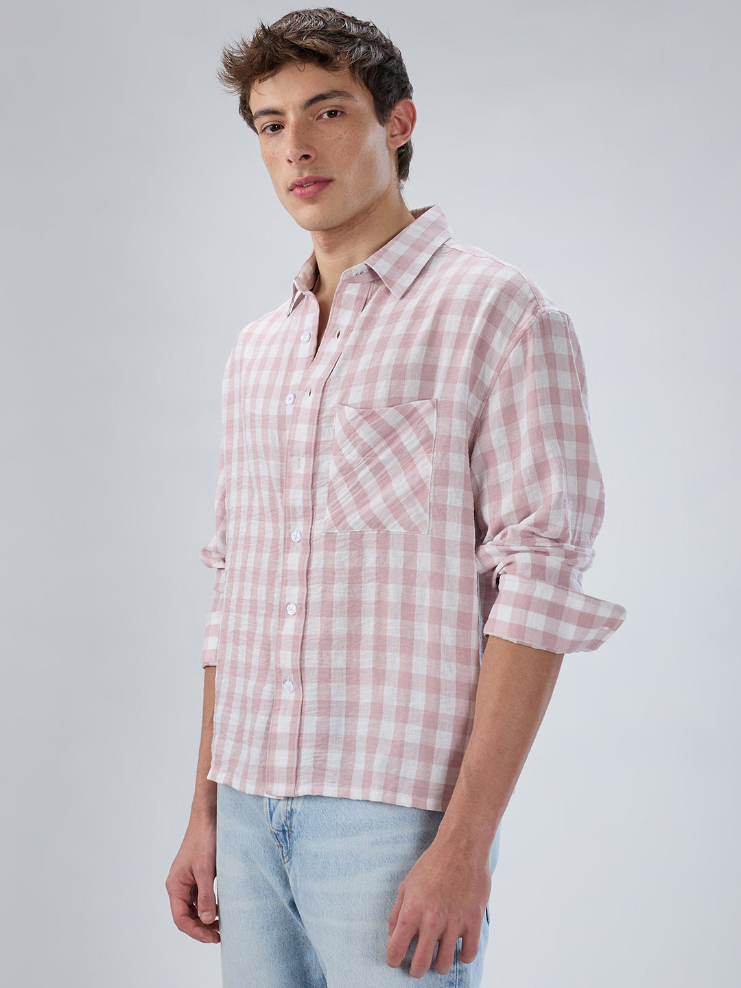 Peachy Pink Gingham Checks Boxy Fit Crop Shirt